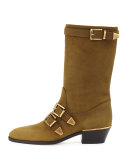 Suede Buckle Mid-Calf Boot, Dark Khaki