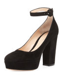 Suede Platform Ankle-Strap Pump, Black
