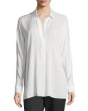 Silk Long-Sleeve Popover Blouse, Off White