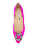Hangisi Crystal-Buckle Satin Flat, Fuchsia