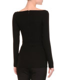 Long-Sleeve Draped-Neck Belted Top, Black