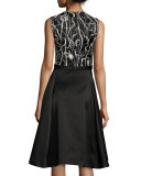 Scribble-Print A-Line Combo Dress, Chalk/Black