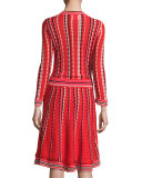 long-sleeve striped fit-and-flare dress