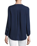 Odelette Split-Neck Silk Top, Blue