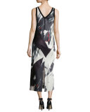 Sleeveless Printed V-Neck Midi Dress, Black/White