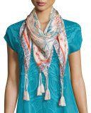 Sharee Printed Silk Tassel Scarf, Coral/Multi