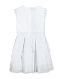 Sleeveless Pleated Cotton Eyelet Dress, White, Size 2-14