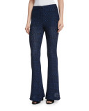 Open-Knit Flare Leg Pants, Black/Cobalt