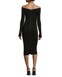 Off-the-Shoulder Long-Sleeve Sheath Dress, Black