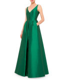 Sleeveless V-Neck Coatdress Gown, Bonsai