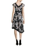 Cap-Sleeve Asymmetric Floral Lace Dress, Black/Silver