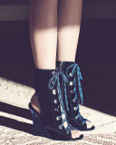Velvet Lace-Up Wedge Bootie, Navy
