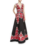 Rose-Beaded Sleeveless V-Neck Ball Gown, Roses