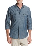 Distressed Chambray Utility Shirt, Blue