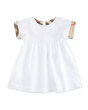 Mini Jen Smocked Pique Dress w/ Check Cuffs, White, Size 3M-3Y