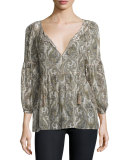 Haiku Tasseled Tie-Neck Paisley Silk Blouse, Bullion