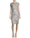 Cap-Sleeve Floral Embroidered Sheath Dress, Black/Nude