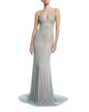 Sleeveless Beaded Cowl-Back Gown, Pale Blue