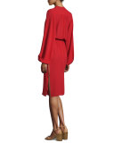 Long-Sleeve Plunging-V-Neck Dress, Crimson
