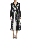Penelope Floral & Colorblock Silk Wrap Dress, Black/White/Multicolor