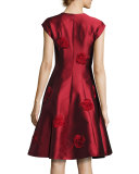 Cap-Sleeve Fit-and-Flare Jacquard Dress, Garnet