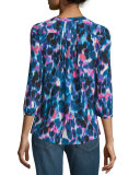 3/4-Sleeve Animal-Print Pleated-Back Blouse 