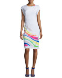 Sleeveless Spiral-Cut Sheath Dress, White/Multi
