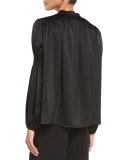 Shirred-Sleeve Stand-Collar Blouse, Black