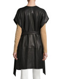 Short-Sleeve Leather Kimono Topper Jacket, Black