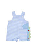 Gingham Seersucker Dinosaur Overalls, Blue, Size 3-24 Months