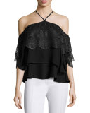 Fleur Tiered Lace Cold-Shoulder Top, Black