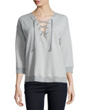 Lace-Up 3/4-Sleeve Sweatshirt, Heather Grey