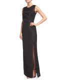 Sleeveless Pleated-Bodice Column Gown, Black