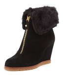 stasia shearling-cuff wedge bootie, black