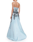 Strapless Embroidered Gown, Baby Blue