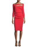 3/4-Sleeve Ruched Ponte Sheath Dress, Red Passion