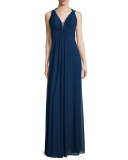 Draped Sleeveless V-Neck Gown, Navy