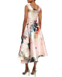 Sleeveless Graffiti-Print Draped Dress, Pink