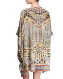 Printed Beaded Lace-Up Short Caftan Coverup