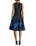 Sleeveless Floral Satin Pleated Cocktail Dress, Black/Royal