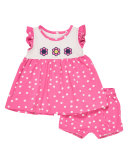 Sleeveless Smocked Floral Polka-Dot Dress w/ Bloomers, Pink, Size 3-24 Months