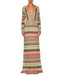 Striped-Trim Long-Sleeve Deep-V Gown, Multi