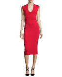 Cap-Sleeve V-Neck Midi Sheath Dress