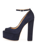 Suede Peep-Toe High-Heel Pump, Navy