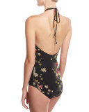 Floral Illusion Tulle High-Neck Halter One-Piece Swimsuit, Black
