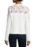 Crochet Lace-Inset Bomber Jacket, White