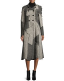 Patchwork Tweed Double-Breasted Coat, White/Black
