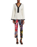 Long-Sleeve Two-Tone Caftan Top, Cream