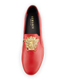 Leather Slip-On Sneaker with Gold Medusa Head, Red