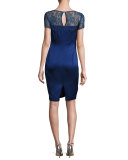 Lace-Yoke Luxe Satin Cap-Sleeve Dress, Violet